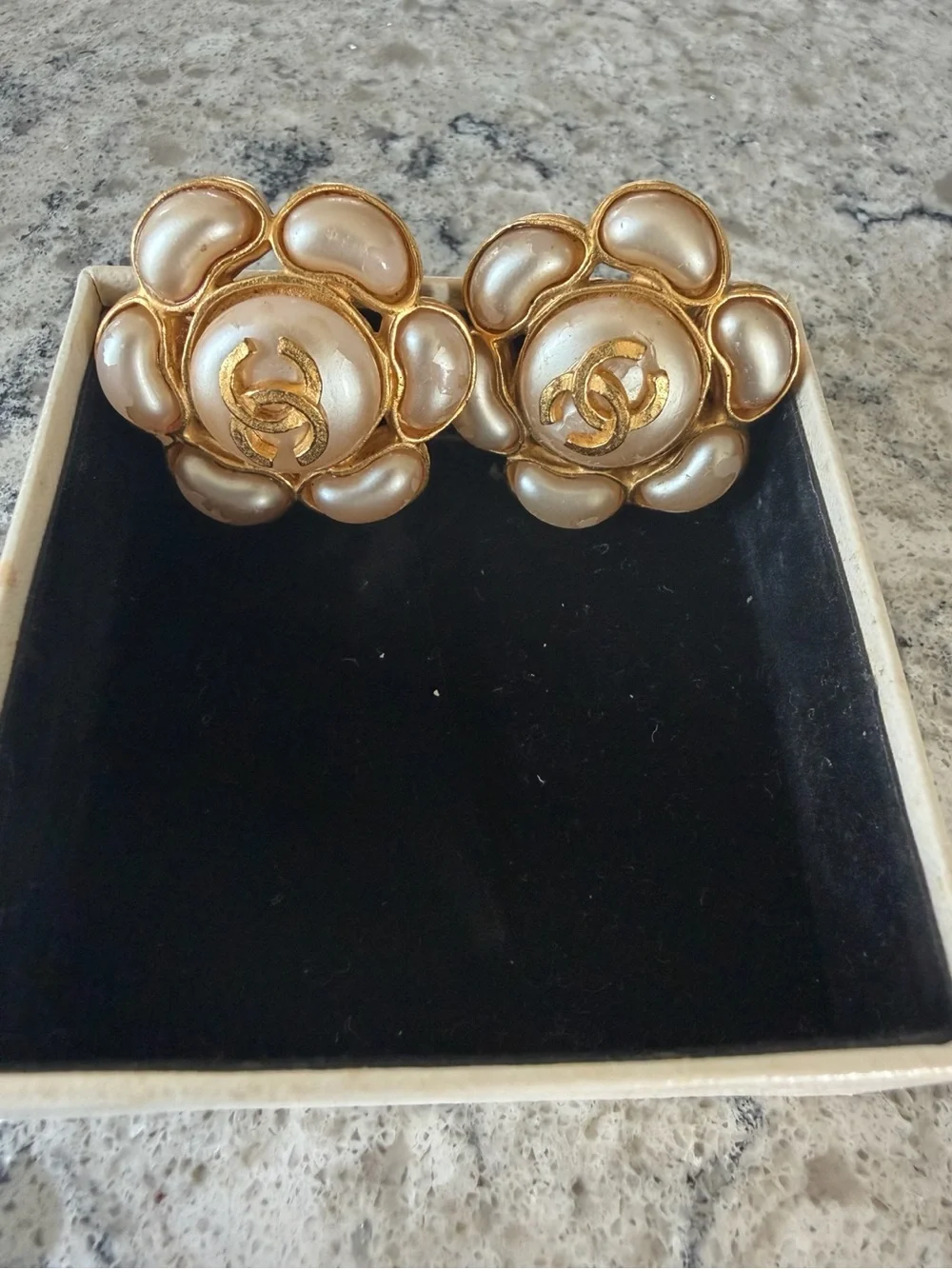 CHANEL Cream Pearl Camellia Clip-On Earrings with Gold CC Logo